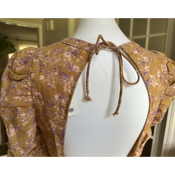 Free People Boho Floral Puff Sleeve Open Back Crop Top Mustard Purple Sz S - Picture 9 of 12
